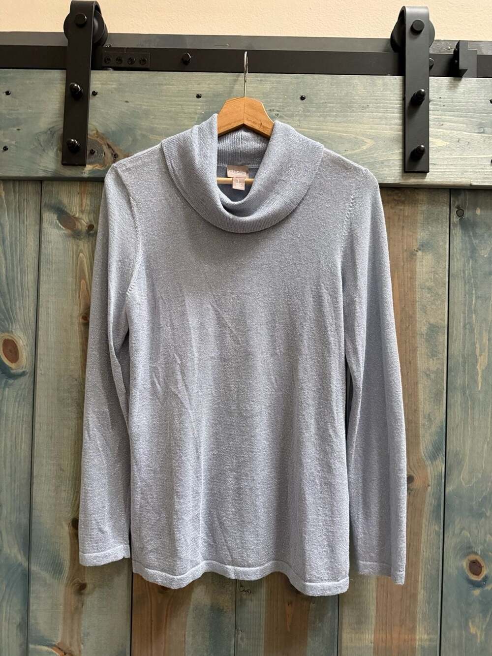 Chico's Cowl Neck Sweater Size 1 Blue Silver Metallic Long Sleeve Knit